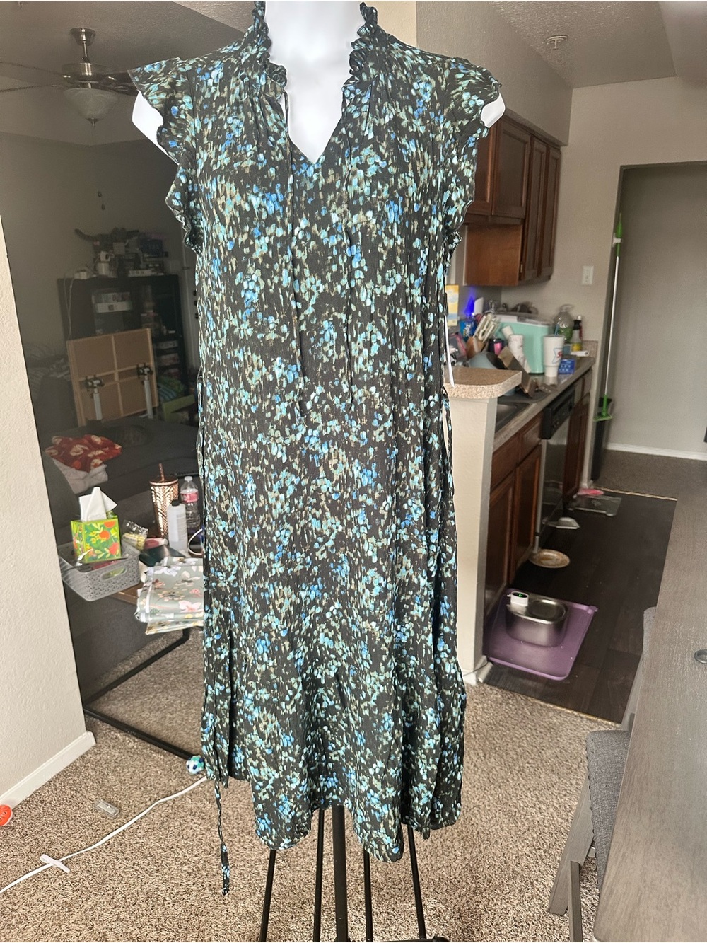 Time and Tru Black Dress with Teal & Light Blue Floral Print